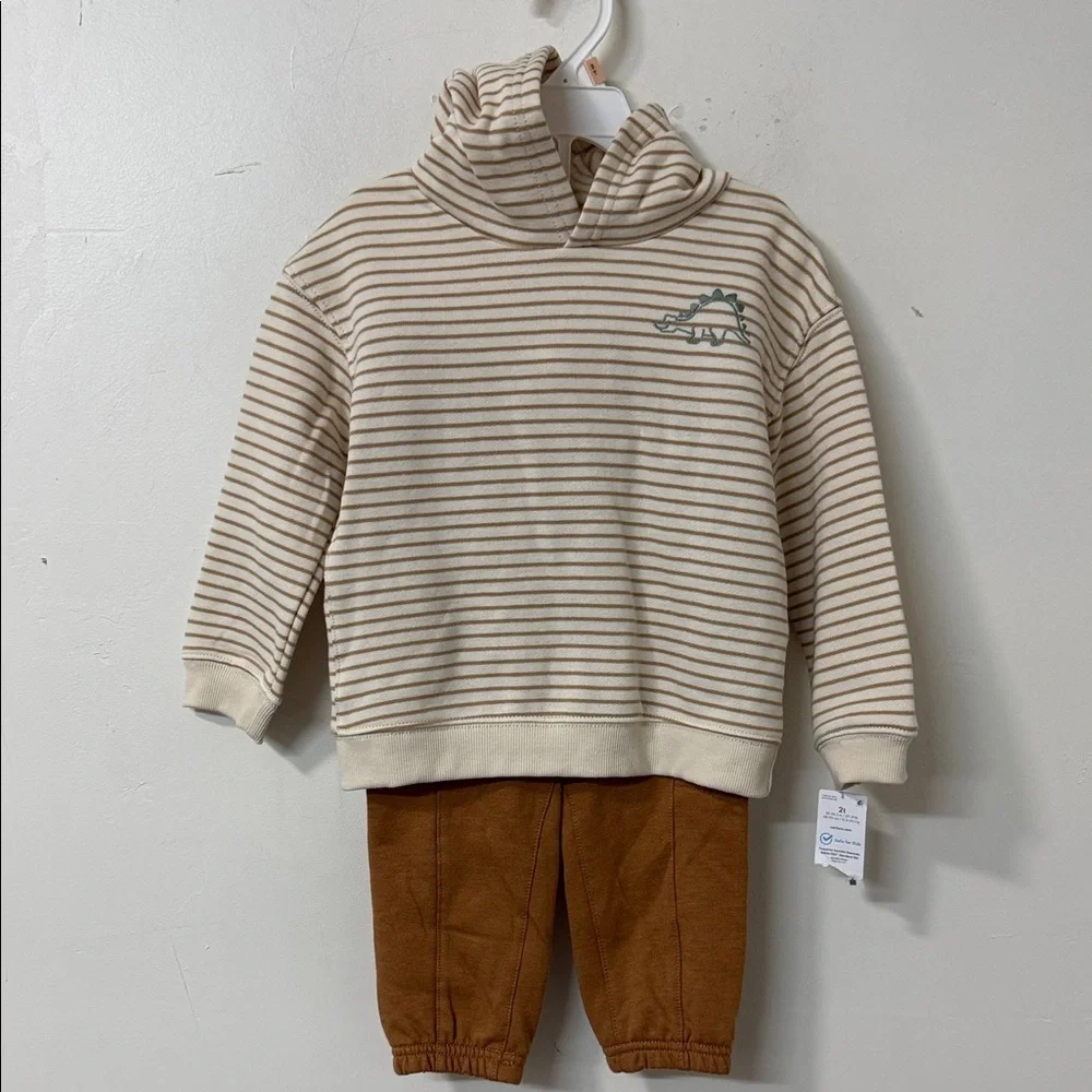 Carter's Cream and Brown Striped Dinosaur Hoodie Set